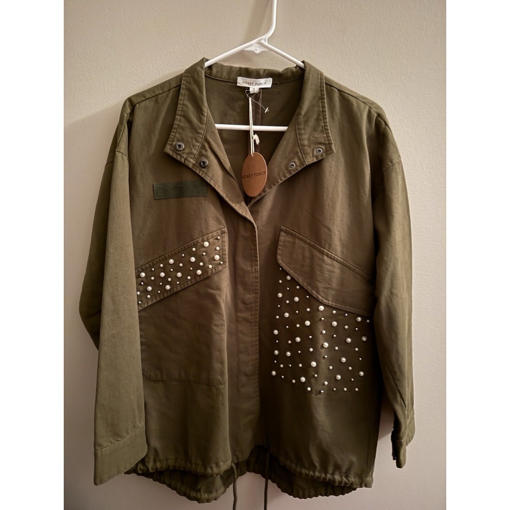 Honey Punch Women's Jacket Olive Green with pearl accent Size M NWT